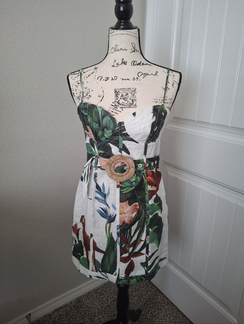 FARM Rio White Tropical Floral Mini Dress with Green and Brown Accents